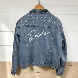 Bride Women's Denim Blue Jean Jacket With Pearls Wedding Bachelorette Sz XLarge